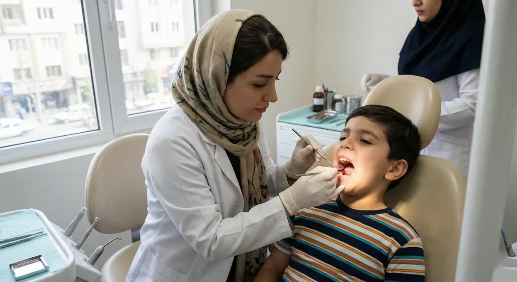 معاینه دهان پسربچه توسط خانم دکتر در کلینیک دندان پزشکی کودکان برای تشخیص علت بوی بد دهان و پوسیدگی.