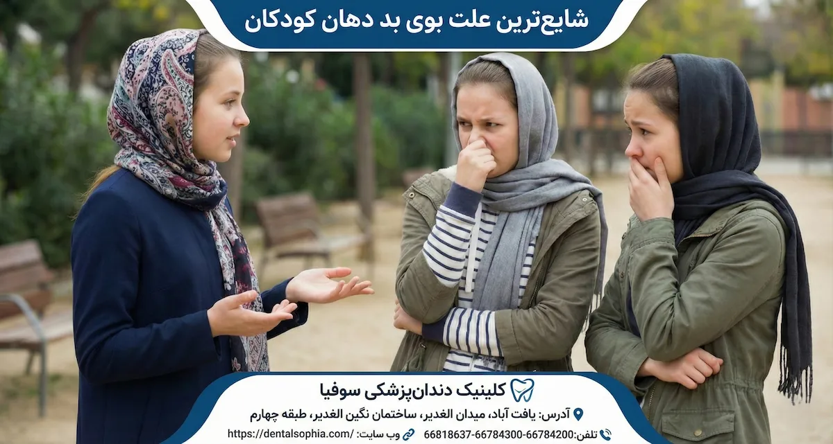 واکنش منفی دو دختر نوجوان به بوی بد دهان دوستشان در پارک؛ بنر اطلاع‌رسانی کلینیک دندانپزشکی سوفیا درباره علت بوی دهان کودکان.