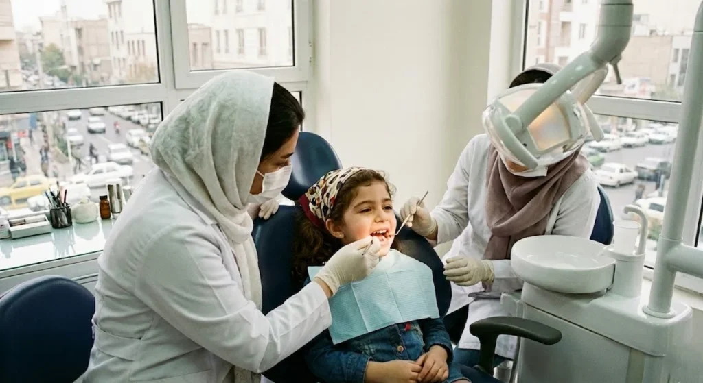 معاینه دندان دختر بچه توسط دندانپزشک خانم در بهترین کلینیک دندانپزشکی کودکان تهران با منظره شهری